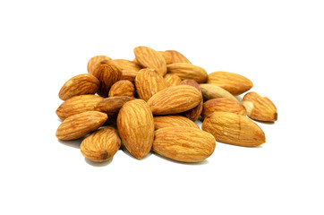 Pile of almonds isolated on white background. use for health con