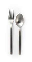 stainless steel fork and spoon isolated on a white background