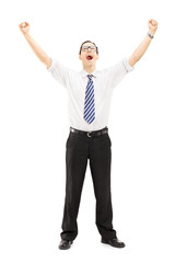 Excited male with raised hands gesturing happiness