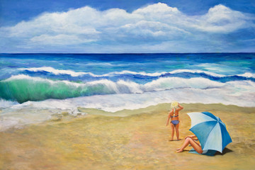 Little Girl Looks at Beach Waves