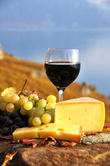 Red wine and grapes on the terrace of vineyard in Lavaux region,