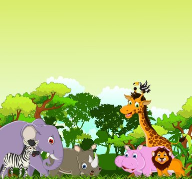 animal cartoon with tropical forest background