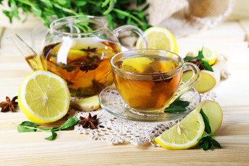 Kettle and cup of tea with ginger