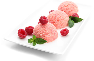 Delicious ice cream on plate isolated on white