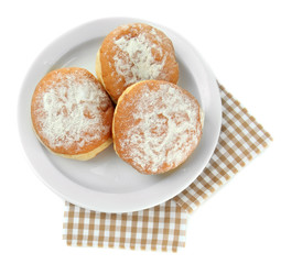 Tasty donuts on plate, isolated on white