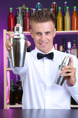 Portrait of handsome barman with two shakers, at bar