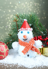 Beautiful snowman and Christmas decor, on bright background