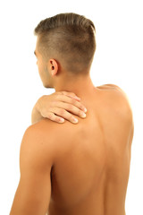 Naklejka premium Young man with neck pain, isolated on white