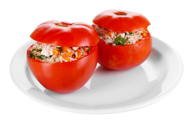 Stuffed tomatoes on plate isolated on white