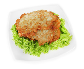 Potato pancakes on plate, isolated on white