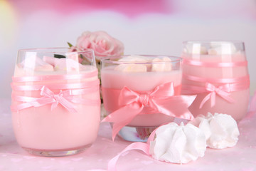 Tasty yogurt with marshmallows, close up