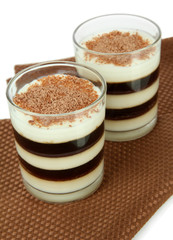 Tasty jelly coffee with milk on table on white background