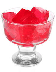 Tasty jelly cubes in bowl isolated on white