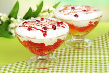 Tasty jelly in bowls on table on light background