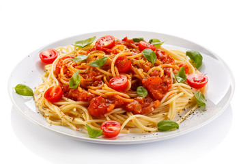 Pasta with meat, tomato sauce, parmesan and vegetables