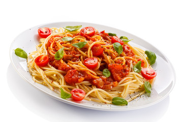 Pasta with meat, tomato sauce, parmesan and vegetables