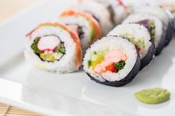 Close up of plate full of fresh sushi rolls