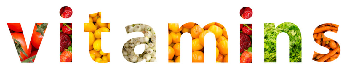 Vitamins Word Concept Made From Fruits And Vegetables - obrazy, fototapety, plakaty