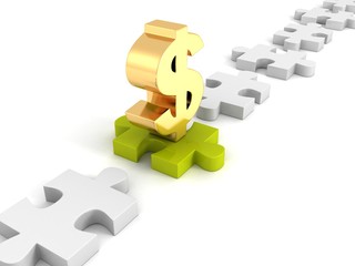 Fototapeta premium golden dollar symbol on green jigsaw puzzle