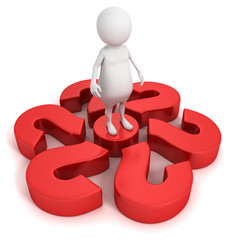 3d man with many big red question marks