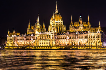 Budapest Parliament building in Hungary at twilight.