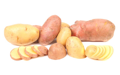 Different potatoes and splited tuber.