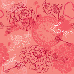 Obraz premium Valentines Day seamless pattern with hand drawn Cupid, flowers,