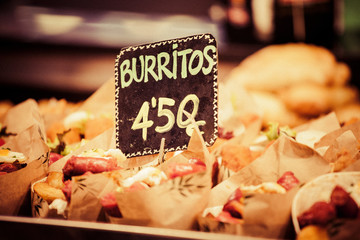 Burrito stall in a indoors market.