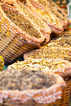 Dried mushrooms in a market, in La Boqueria, market Barcelona