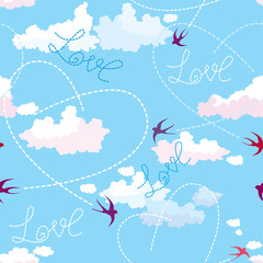 Seamless pattern with swallows, hearts and clouds on blue sky. V
