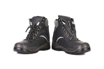 Black man's boots with gray bar.