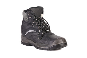 Black man's boot with gray bar.