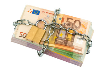 euro banknotes with chain and padlock