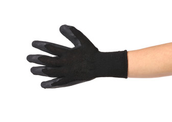 Black rubber protective glove on hand.