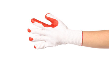 Rubber protective red glove on hand.