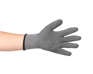 Gray rubber protective glove on hand.
