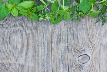 Parsley, oregano, basil on old wooden background