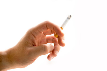 Male hand holding a cigarette on white background