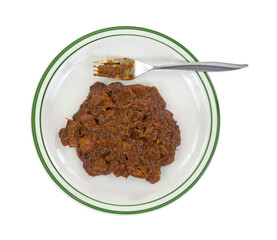 Barbecue pork in thick gravy on a plate with a fork