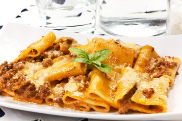 pasta with meat sauce and bechamel in the dish on the table