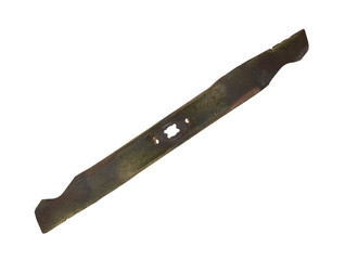 A used lawn mower blade on a white background.