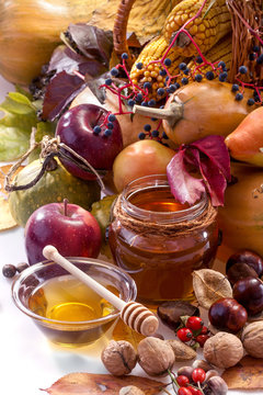 .honey, apples and autumn fruits