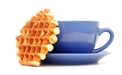 Breakfast with coffee and homemade waffles on white