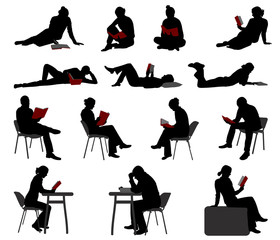 silhouettes of people reading books - vector
