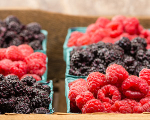 Wooden box with baskets of berries