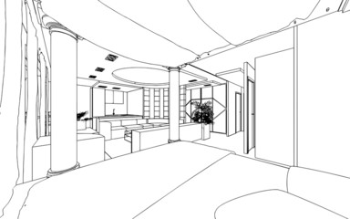  illustration of an outline sketch of a interior. 3D Graphical d