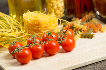 close-up of cherry tomatoes and pasta