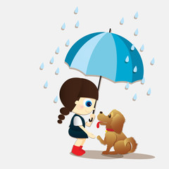 Girl and Puppy during the rain