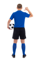 soccer player in blue uniform showing on her back isolated on wh © Di Studio