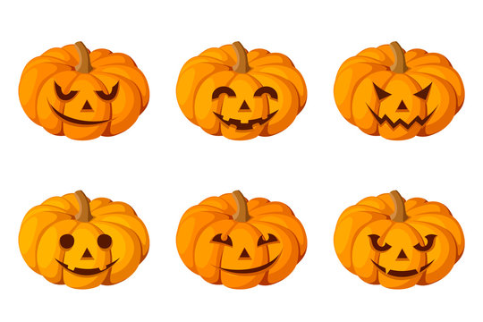 Jack-O-Lantern. Set of six Halloween pumpkins. Vector